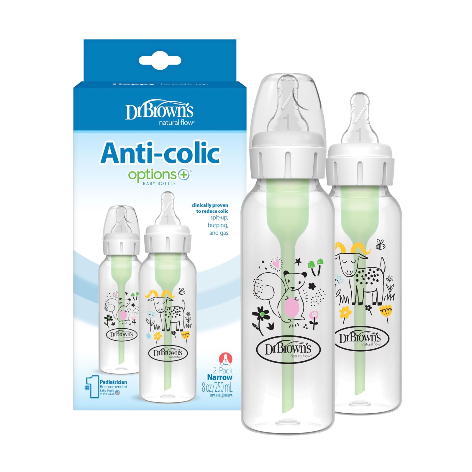 Dr. Brown s Natural Flow Anti-Colic Options Narrow Baby Bottle Squirrel - Goat 8 oz|250 mL with Level 1 Slow Flow Nipple BPA