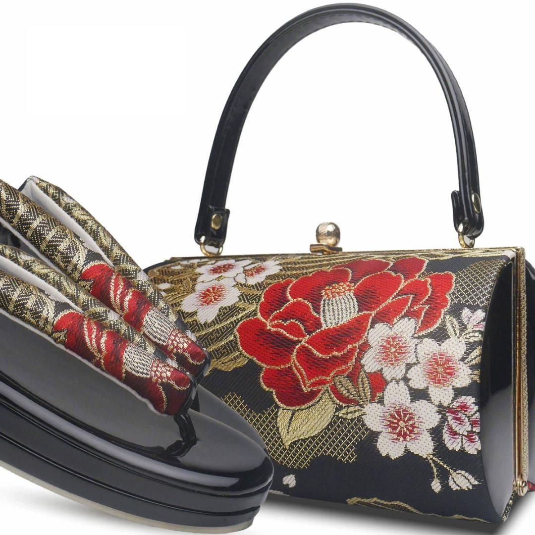 和装 草履 バッグ セット 帯地 振袖 成人式 黒 ゴールド 金 桜 wzouribag 49-12
