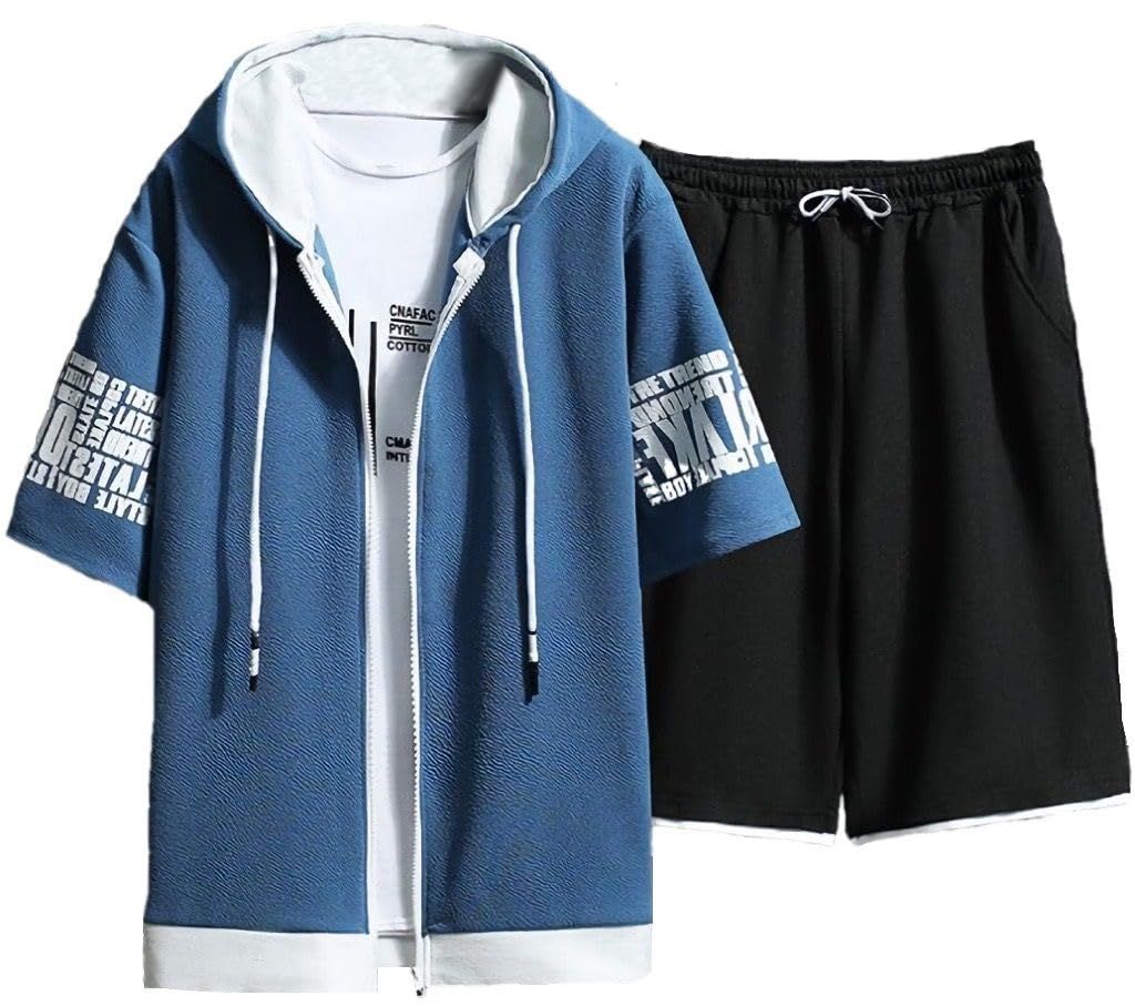 [エンプティオ] ストリート フルジップ 半袖 パーカー ハーフパンツ お洒落 上下セット メンズ セットアップ カッコいい ジャージ スポーツ スウェット ショートパンツ アウター 五部袖 部屋