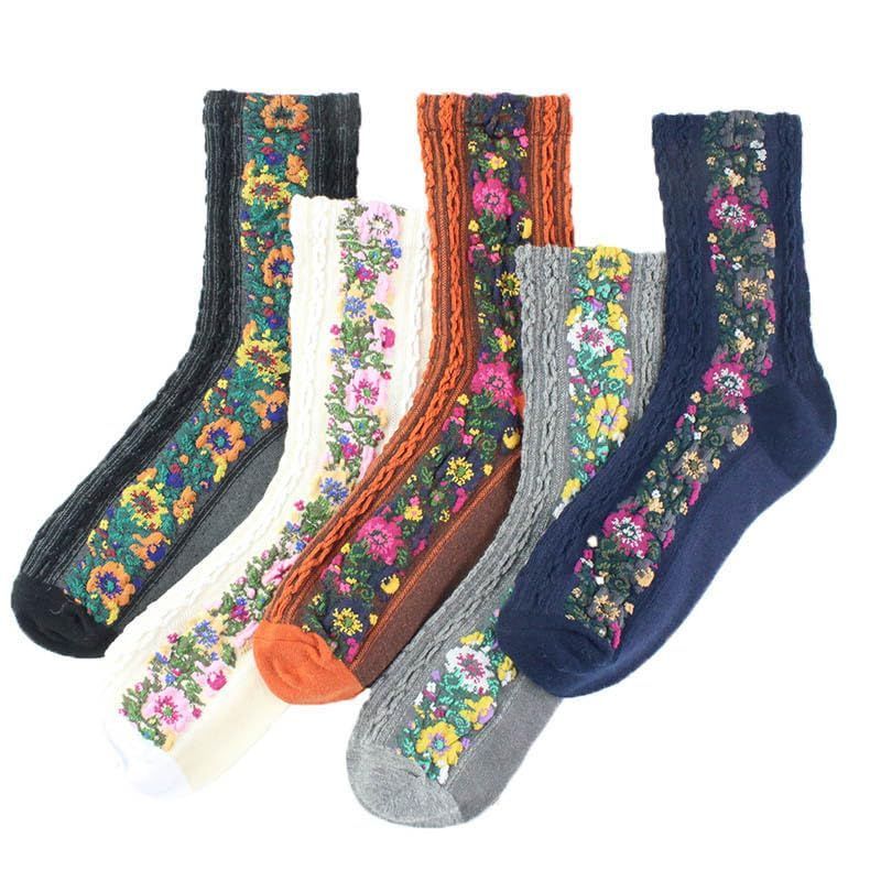 Vintage Embroidered Floral Socks 5 Pairs, 2023 Winter Thickened