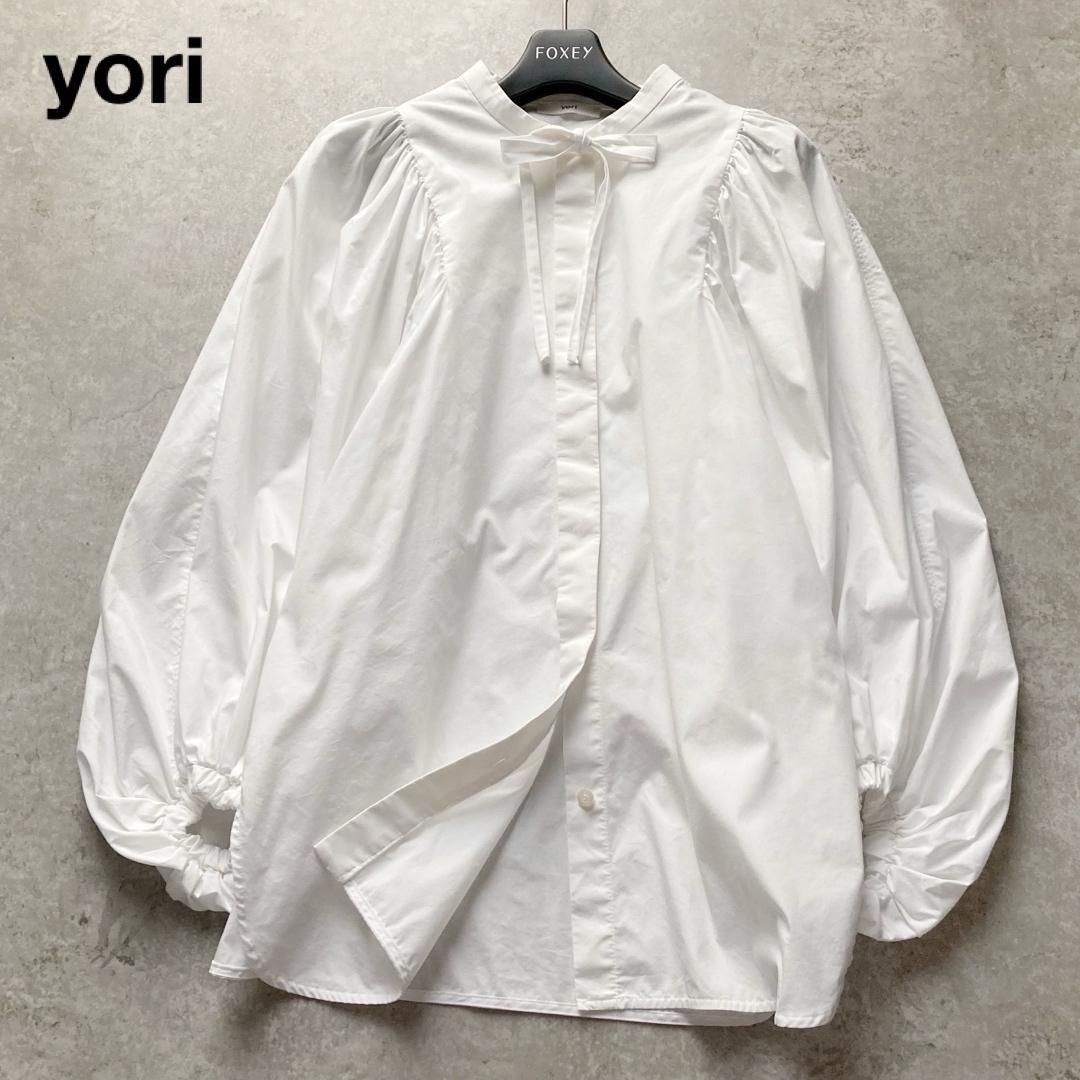 yori ヨリ りぼん リボン パフスリーブ ボリュームスリーブ ブラウス シャツ ボウタイ 長袖 ロングスリーブ ノーカラー 日本製 手洗い ホワイト 白 フリーサイズ