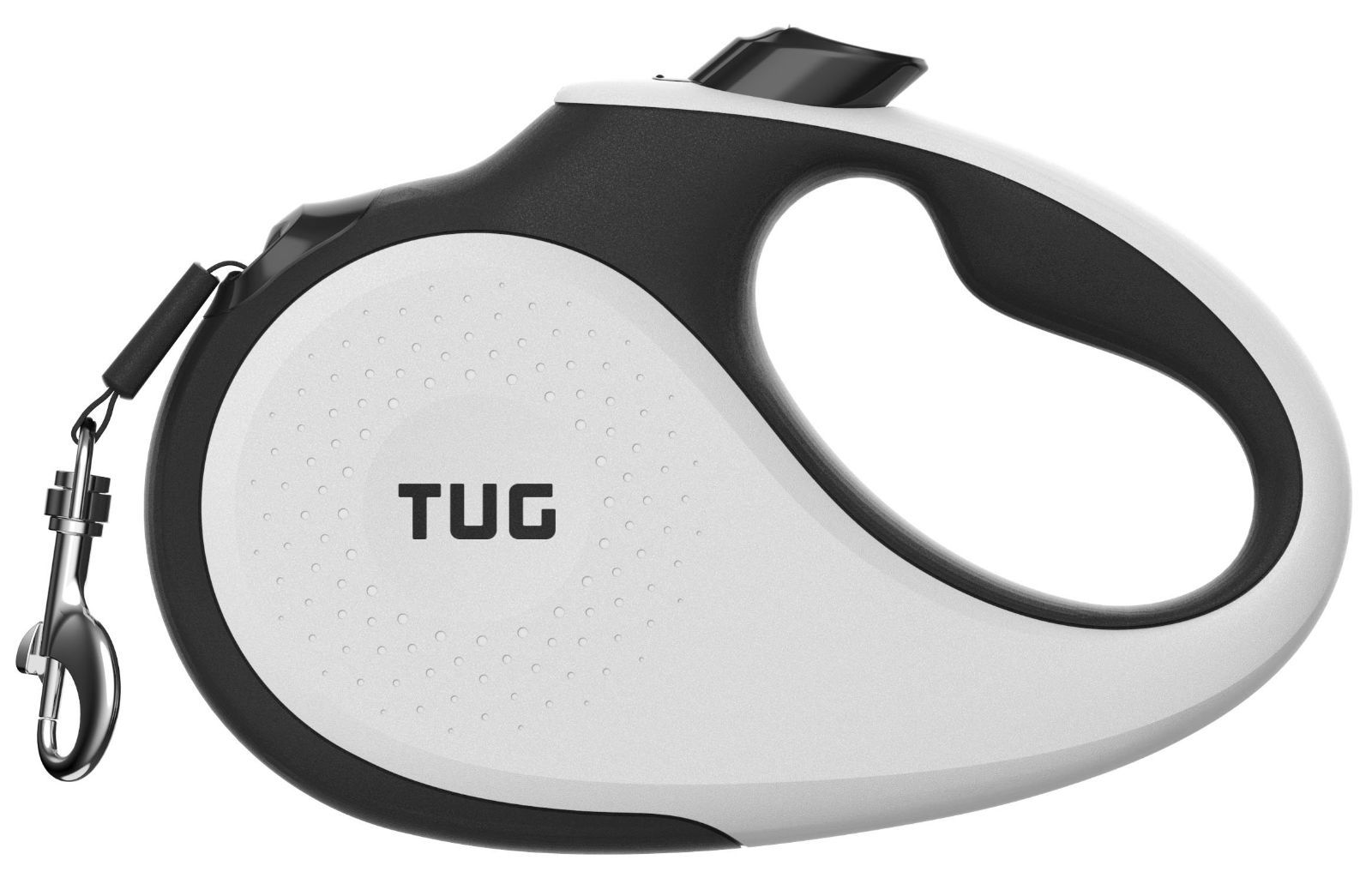 TUG 360タングルフリー、頑丈引き込み式犬リード、スリップ防止ハンドル付き 5 m 強いナイロンテープ。片手ブレーキ、一時停止、ロック S サイズホワイト