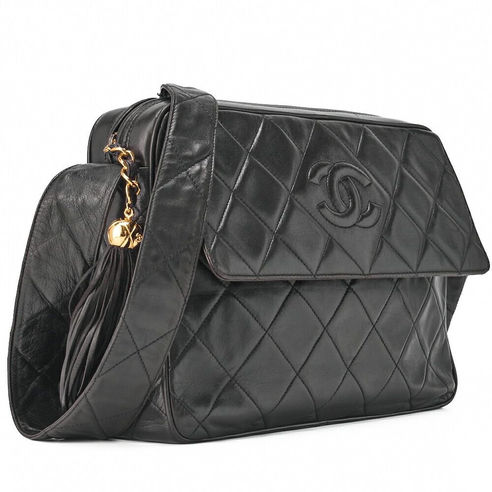 シャネル マトラッセ ラムスキン フリンジ ポーチ ハンド バッグ 黒 CHANEL シャネル マトラッセ ココマーク フリンジ ラージサイズ