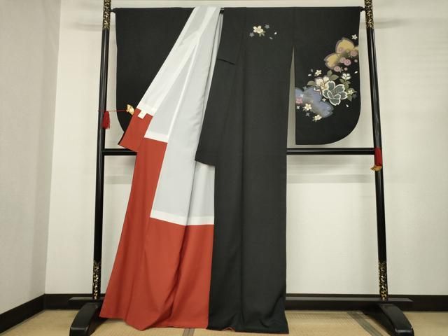 平和屋着物 小振袖 二尺袖 舞花文 黒地 洗える着物 AABC8090ck