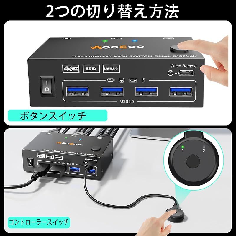 AIMOS デュアルモニター USB3.0 KVM 切替器 2入力2出力 AIMOS USB