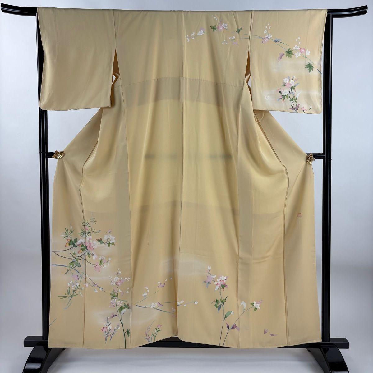 訪問着 身丈157cm 裄丈65cm M 袷 落款 枝花 ぼかし ベージュ 正絹