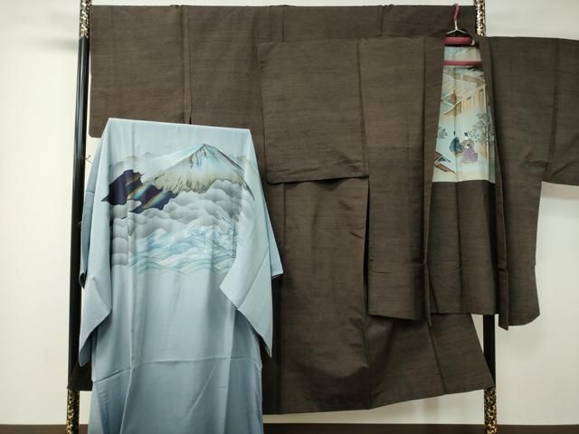 平和屋着物男性　紬　アンサンブル・長襦袢セット　赤墨色　正絹　逸品　CAAM1331ev
