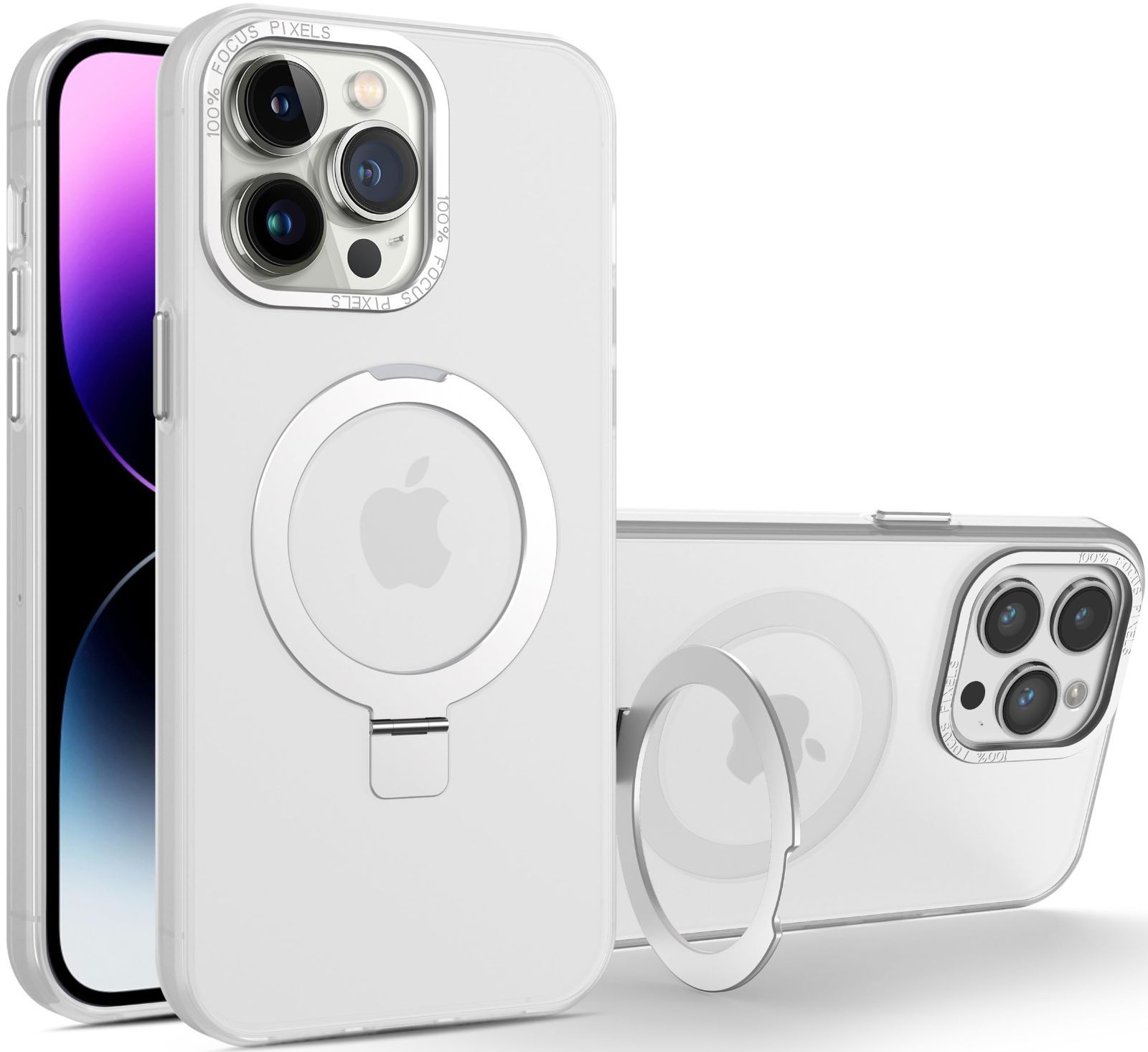 新品 iPhone 用 15 Pro ケース Phone15Pro ケース 隠し収納式 [Magsafe対応 ] アイフォン15pro ケース マグネット搭載 リング付き 多機能スタンド 縦横両対応 スタンド内蔵 半透明 耐衝撃 カバー (ホワイ
