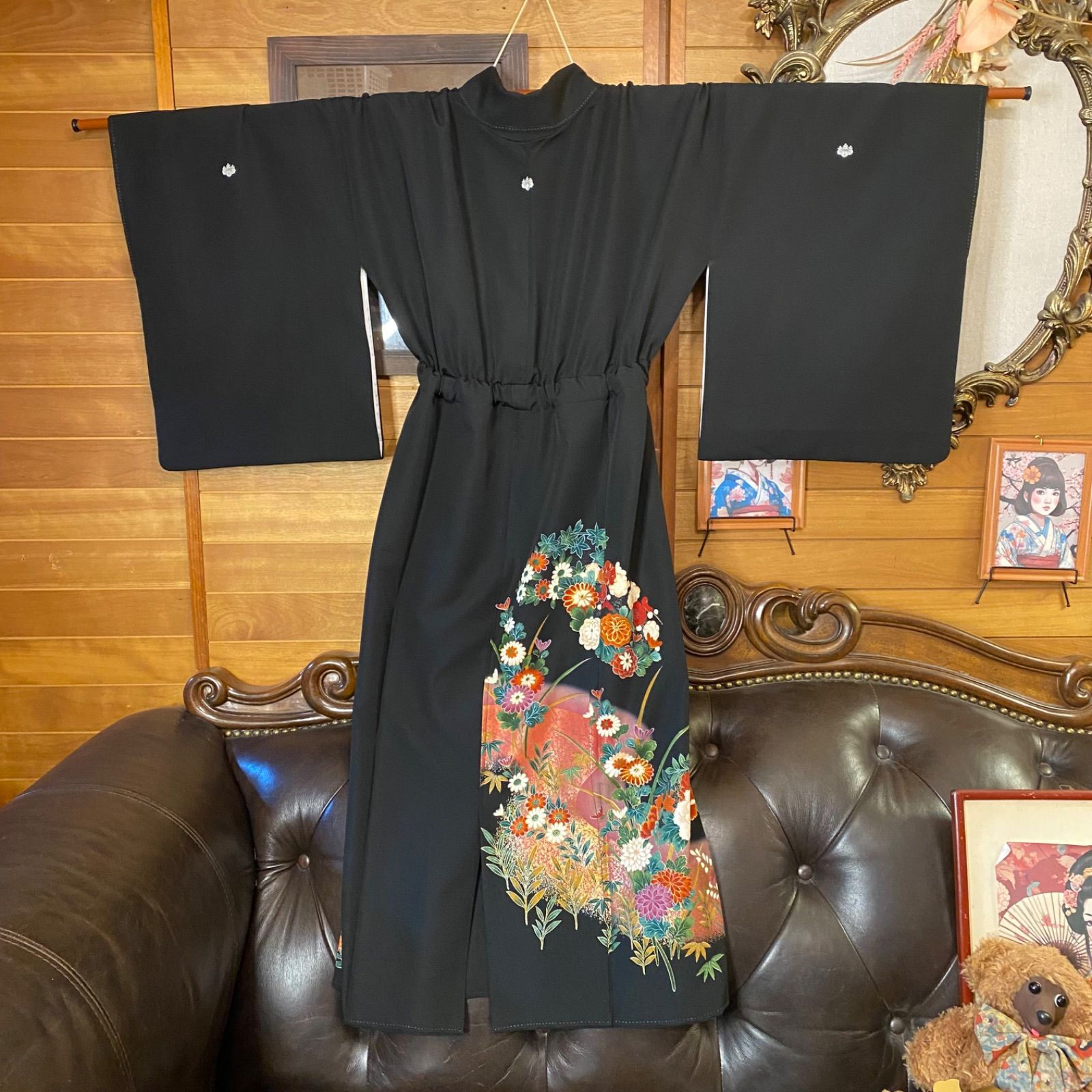 黒留袖 着物 リメイク ワンピース セミロングドレス 和洋折衷 洗える