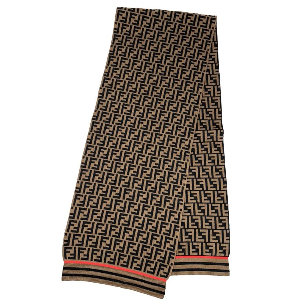 美品◎FENDI フェンディ マフラー ブラック 黒 ブラウン 茶 ズッカ柄 美品☆正規品 FENDI フェンディ 62142000 ズッカ柄 フリンジ付き