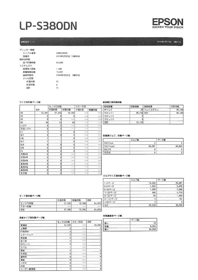 EPSON LP-S380DN　モノクロ　レーザープリンタ　筋あり？