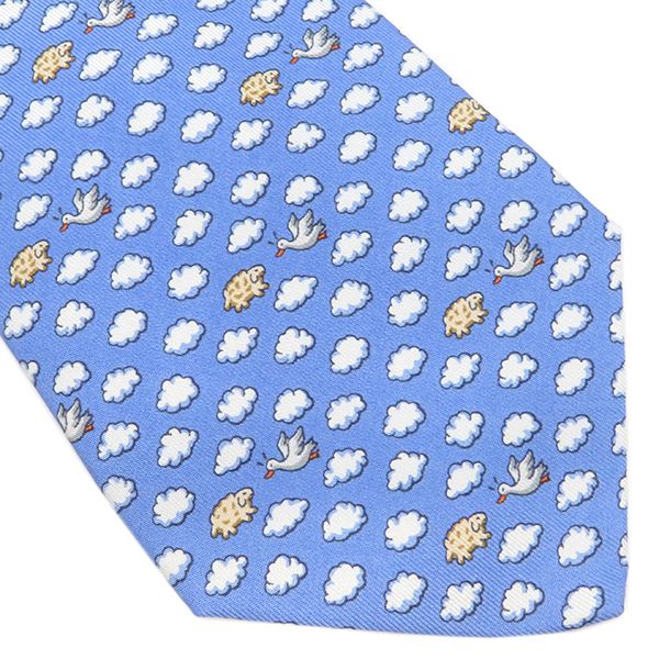 エルメス HERMES ネクタイ 雲と羊と鳥 9cm シルク ブルー×ホワイト 青