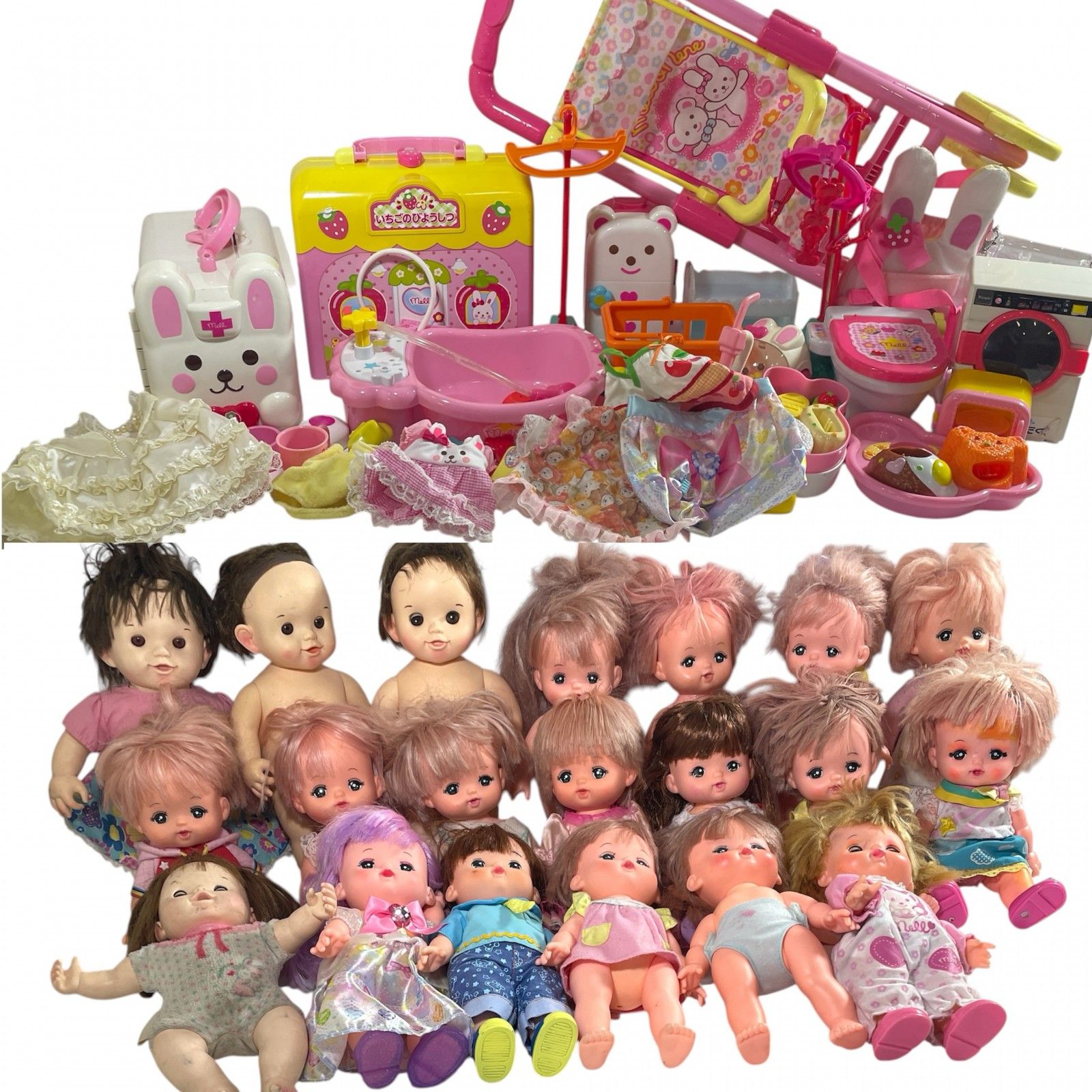 おせわだいすき メルちゃん ぽぽちゃん まとめ商品 人形20体 うさぎさん救急車 ベビーカー いちごのびようしつ 他 ジャンク品 11.9kg