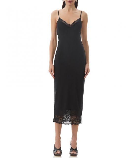 送料無料 エーエフアールエム レディース ワンピース トップス Nissa Mesh V-Neck Sleeveless Spaghetti Strap Lace Trim Sheath Dress Noir