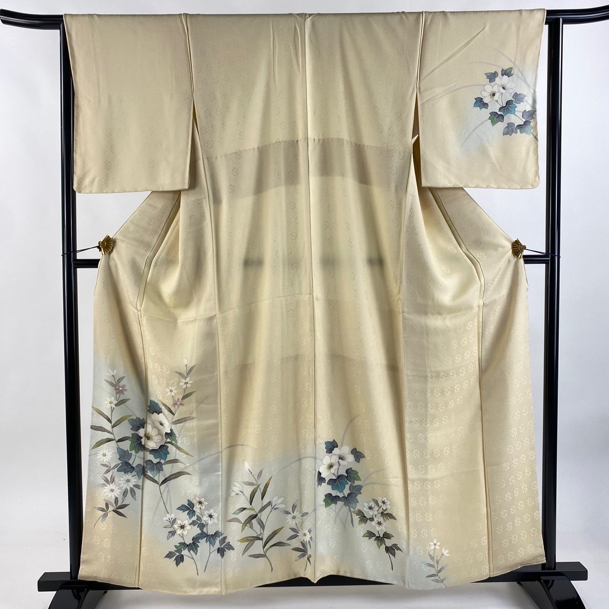 付下げ 身丈159cm 裄丈64.5cm M 袷 草花 地紋 金彩 ぼかし ベージュ 正絹 秀品