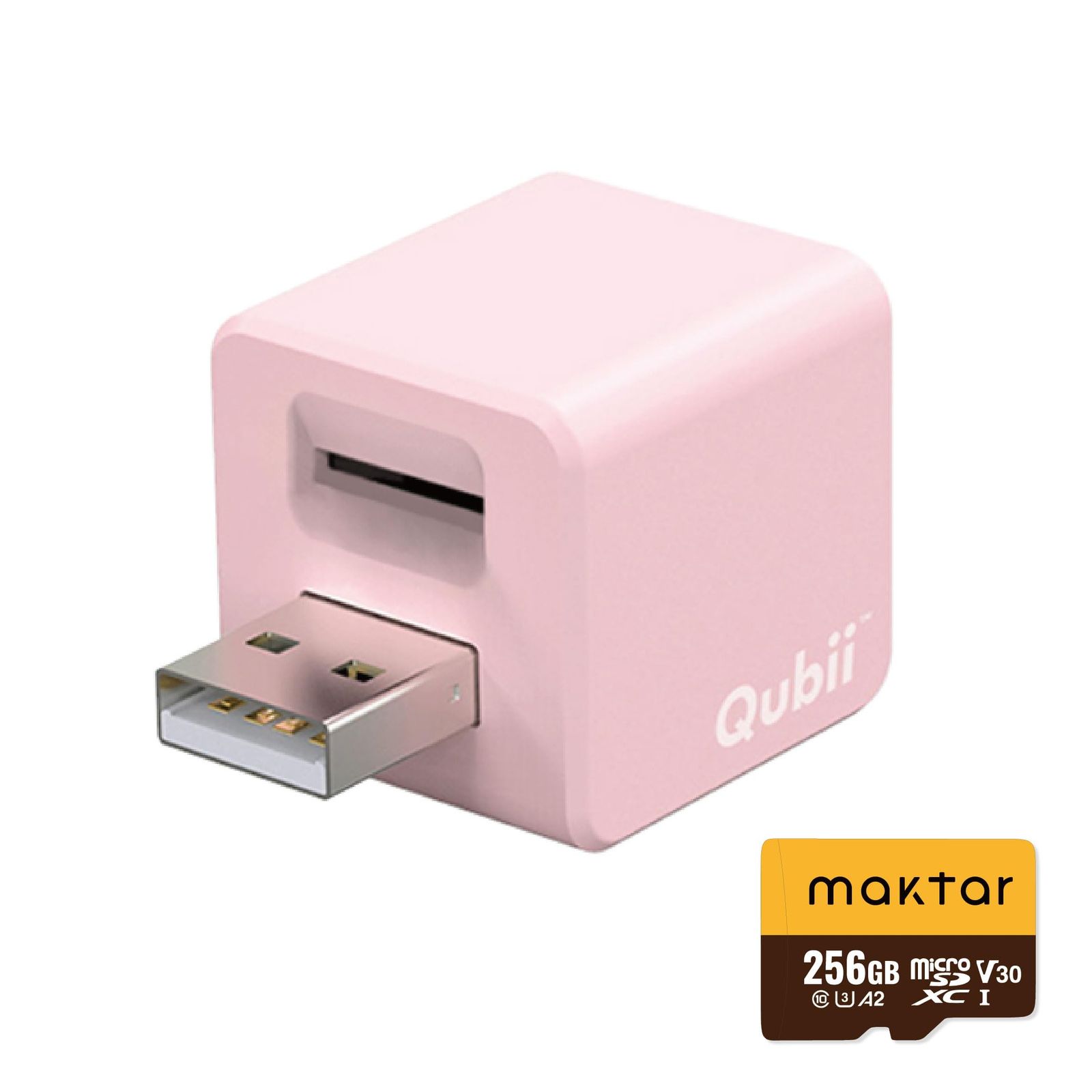 Maktar Qubii microSD 256GB付 充電しながら自動バックアップ iphone usbメモリ ipad 容量不足解消 写真 動画 音楽 連絡先 SNS データ 移行 SDカードリーダー 機種 ピンク microSD 256GB付