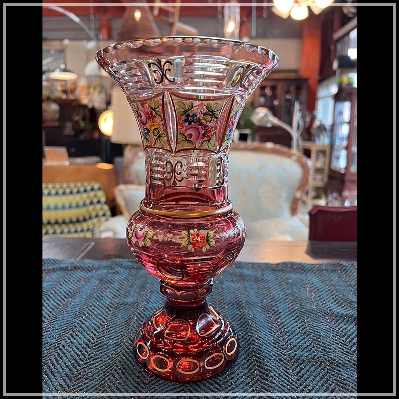 ベネチアングラス フラワーベース 花瓶 ガラス ピンク ルビー ...