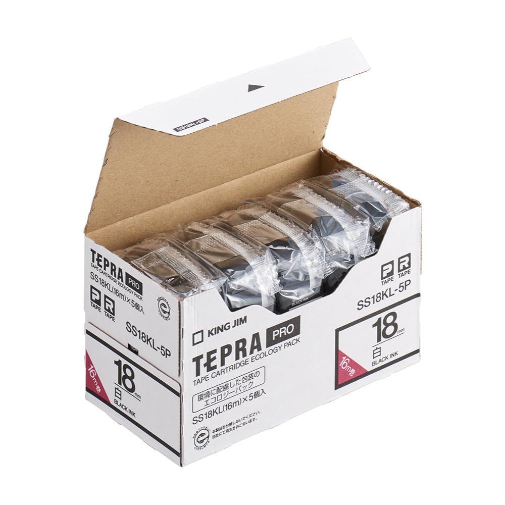 Size 18mm_Color ロングタイプ白 キングジム 純正 テプラPROテープカートリッジ エコパック5個入 18mm 白ラベル 黒文字 ロング 長さ16m SS18KL-5P