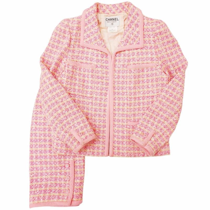 シャネル CHANEL ヴィンテージ ツイード セットアップ フォーマル スーツ ココマーク ロゴ ボタンレス ジャケット タイトスカート ひざ丈 96P P06423 46 ピンク 0605