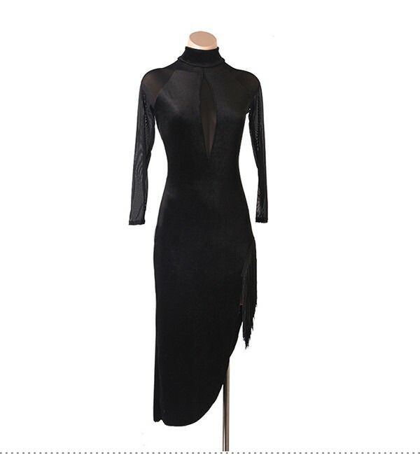 社交ダンス ラテンドレス フリンジ 競技用ドレス 長袖 ワンピース ステージ衣装 ラテン ドレス レッスン着 練習用 透け感 ラテンドレス 発表会用 社交ダンス演出服 ルンバ サンバ ワルツ 背中空き ハイネック ブラック 黒 S M L XL 2XL