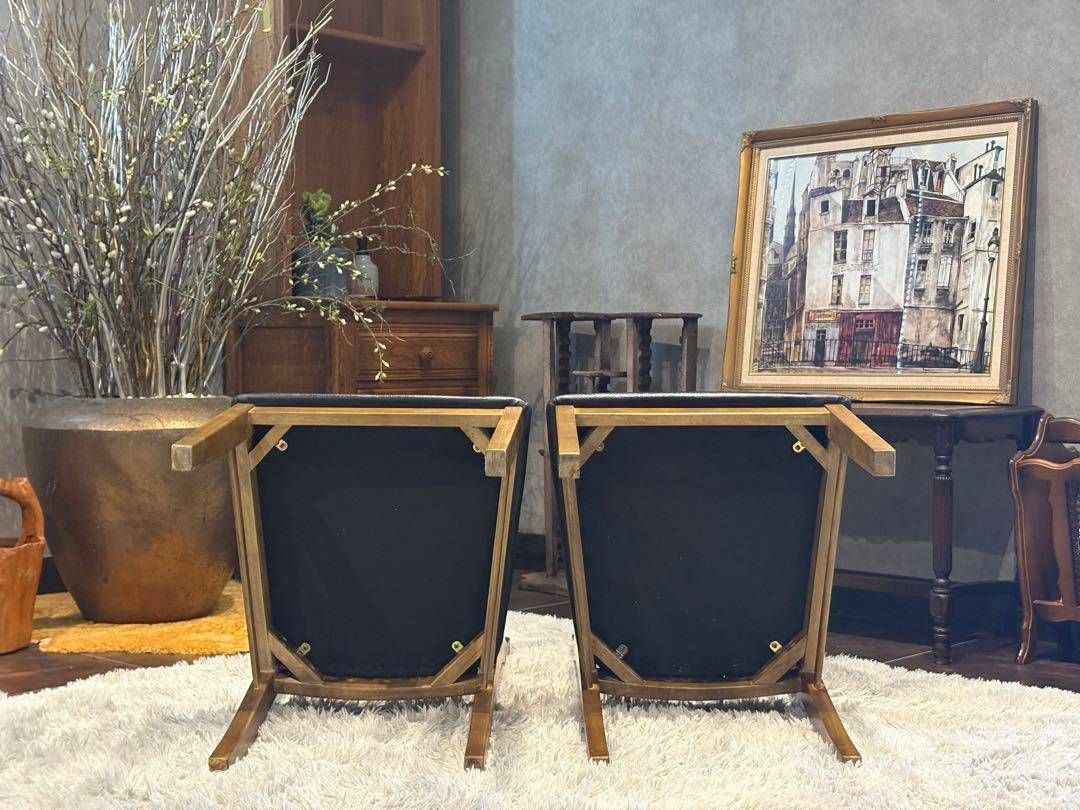 IDC 大塚家具 ダイニング リビングチェア ブラックレザー ビンテージ H