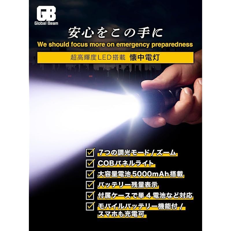 【新着商品】[Global Beam] 日本の中小企業 懐中電灯 防災 強力 小型 led 充電式/電池式 デザインパッケージ 【アルミ合金製/ズーム調節/7つの調光/COB作業灯/電池容量5000mAh/2000ルーメン/IPX6防水/Type-C充電】 0