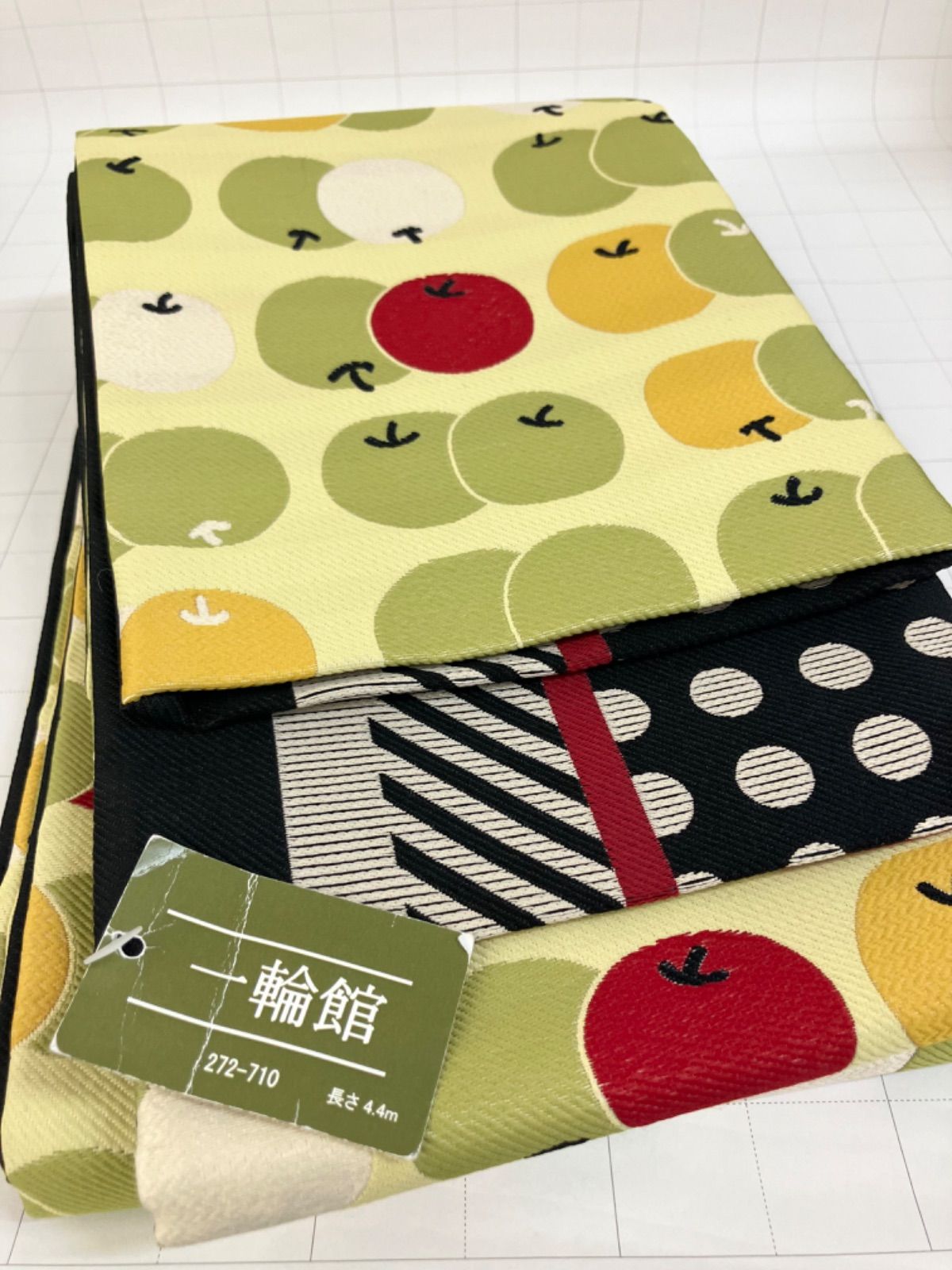 ≪花ラブリ≫HO 730 YE 長尺半巾帯 青りんご 林檎 ナシ 梨 水玉 ストライプ リバーシブル 黄色 イエロー 緑 グリーン 赤 レッド 黒 ブラック 花火大会 縁日 お祭り 夏祭り ハロウィーン 毒りんご 和装 和服
