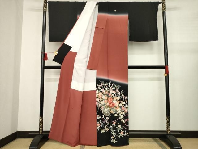 平和屋着物●訪問着 友禅 作家物 花車文 暈し染め 黒地 正絹 AABB1983ck