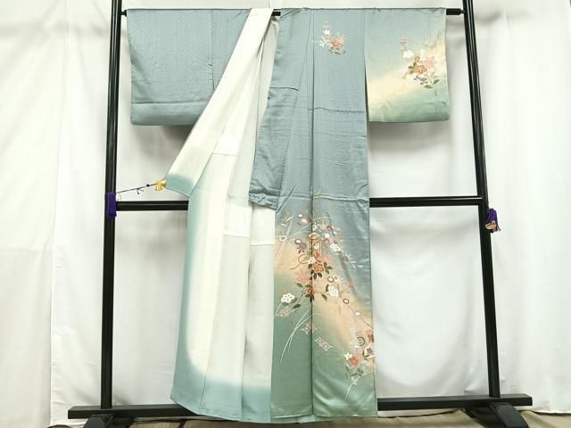 平和屋着物□訪問着 駒刺繍 貝桶草花文 暈し染め 金彩 正絹 逸品