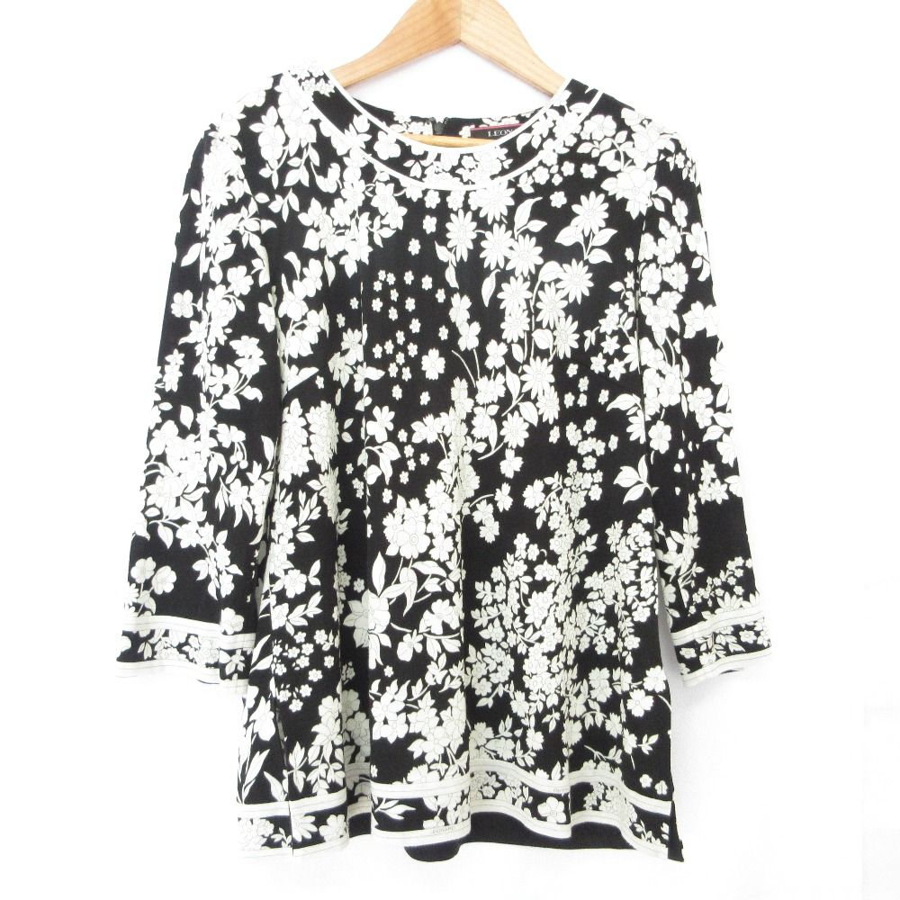 LEONARD FASHION レオナール フラワープリント 七分袖 カットソー プルオーバー 42 ブラック ホワイト レディース 古着