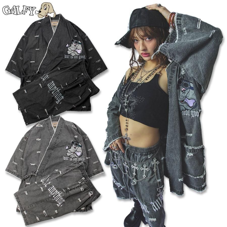 ガルフィー GALFY 病みに染まりしボロボロ甚平 152080 20 BLACK 120 GRAY L XL ヤンキー TGC ギャル コギャル 上下セット ジャージ セットアップ 和服 甚平