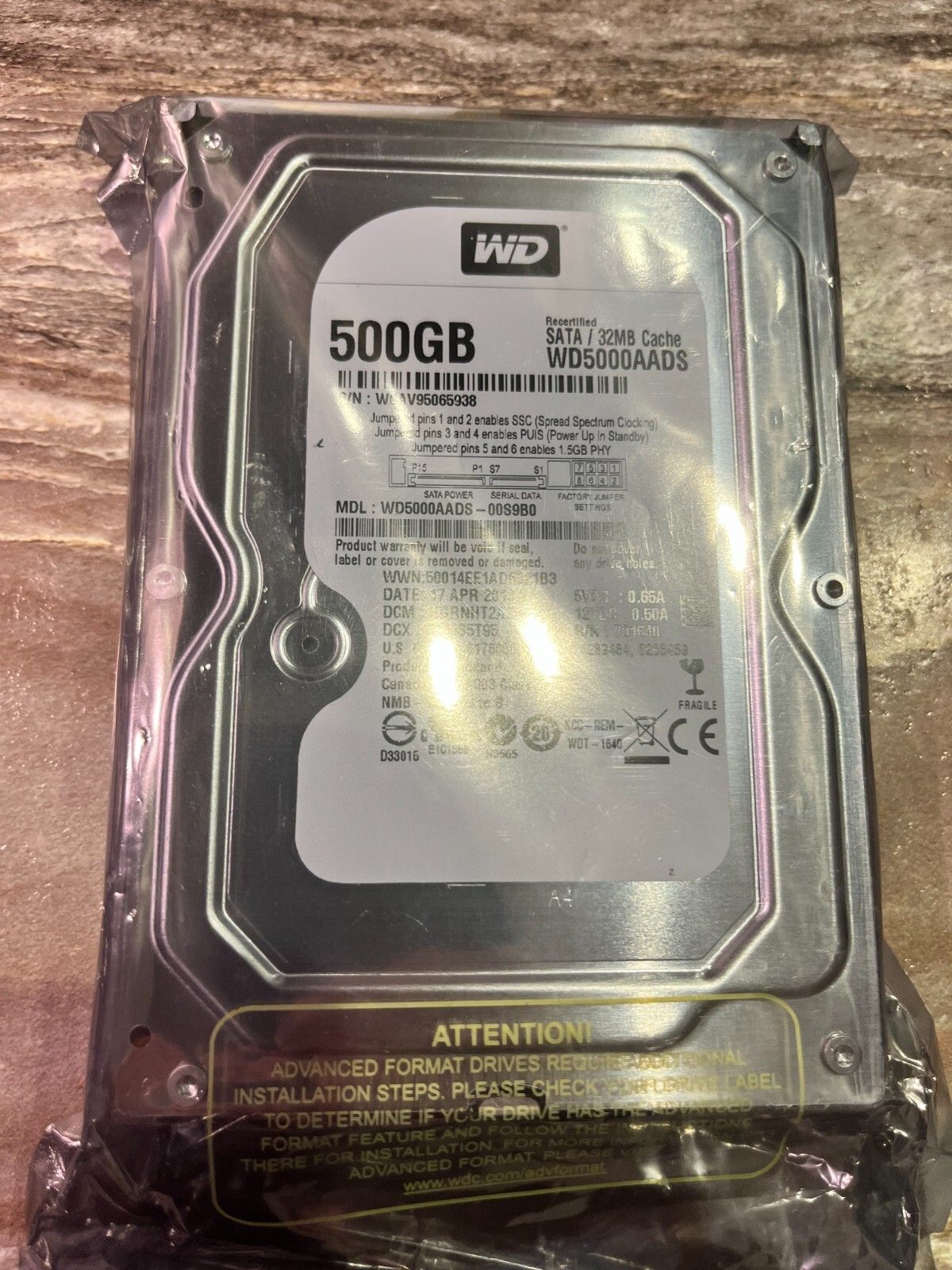 Western Digital 3.5 500 GB Sata Hard Drive Model WD5000AADS MGF April 2013