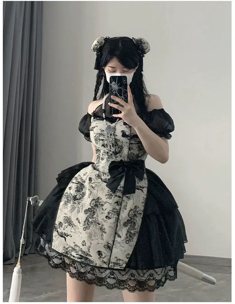 チャイナ風ドレス3点セット シースルー袖が