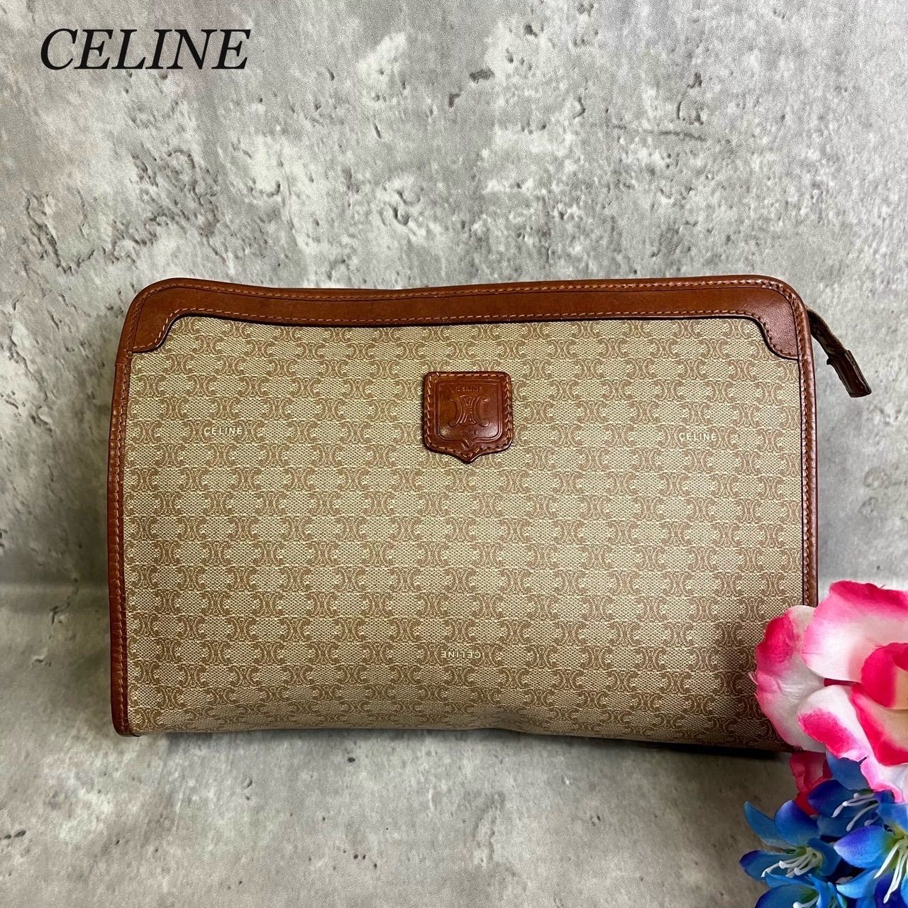 ✨良品✨CELINE セリーヌ クラッチバッグ セカンドバッグ トリオンフ マカダム柄 ゴールド金具 PVCレザー ロゴ刻印 ブラウン ベージュ 茶色  ビンテージ - メルカリ