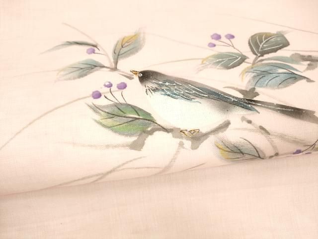 平和屋着物＊夏物 九寸名古屋帯 手描き 南天文 鳥 金彩 正絹 逸品