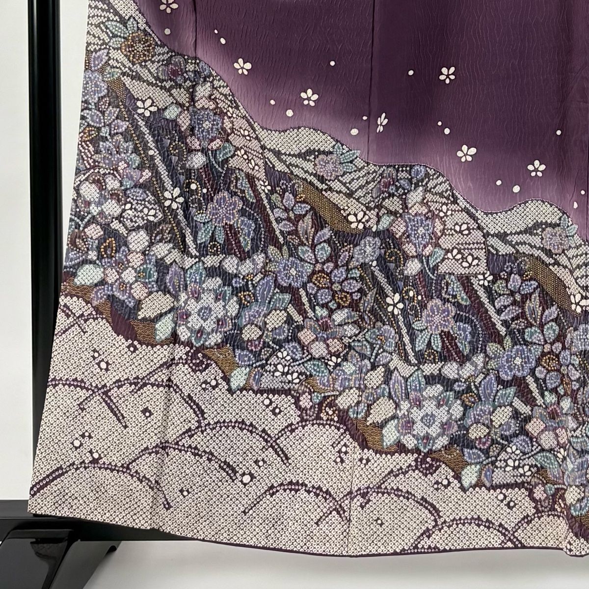 訪問着 身丈160cm 裄丈69cm L 袷 草花 芝 ぼかし 金彩 紫 正絹 秀品