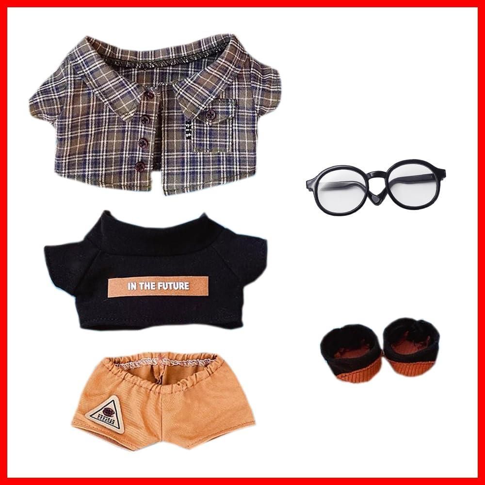 【在庫セール】niannyyhouse　20cm ぬいぐるみ 服　モリ・ドレス・セット　チェック柄トップス　Tシャツ　半ズボン　メガネ　靴　着せ替え　綿人形服 (20cm)