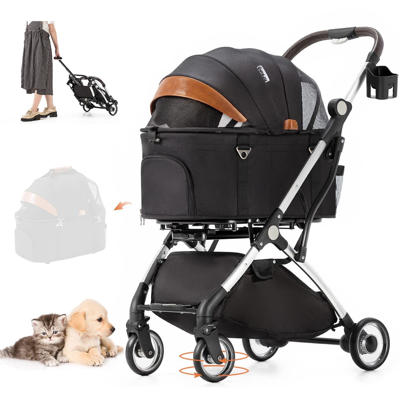 HRking.HANRAY 分離型 折りたたみ ペットカート 3wayモデル 対面式 4輪 犬用ベビーカー 前輪360°回転 後輪ブレーキ付 猫犬兼用 多機能 多頭用 介護用 ペットバギー 組み立て簡単 耐荷重15KG ブラック