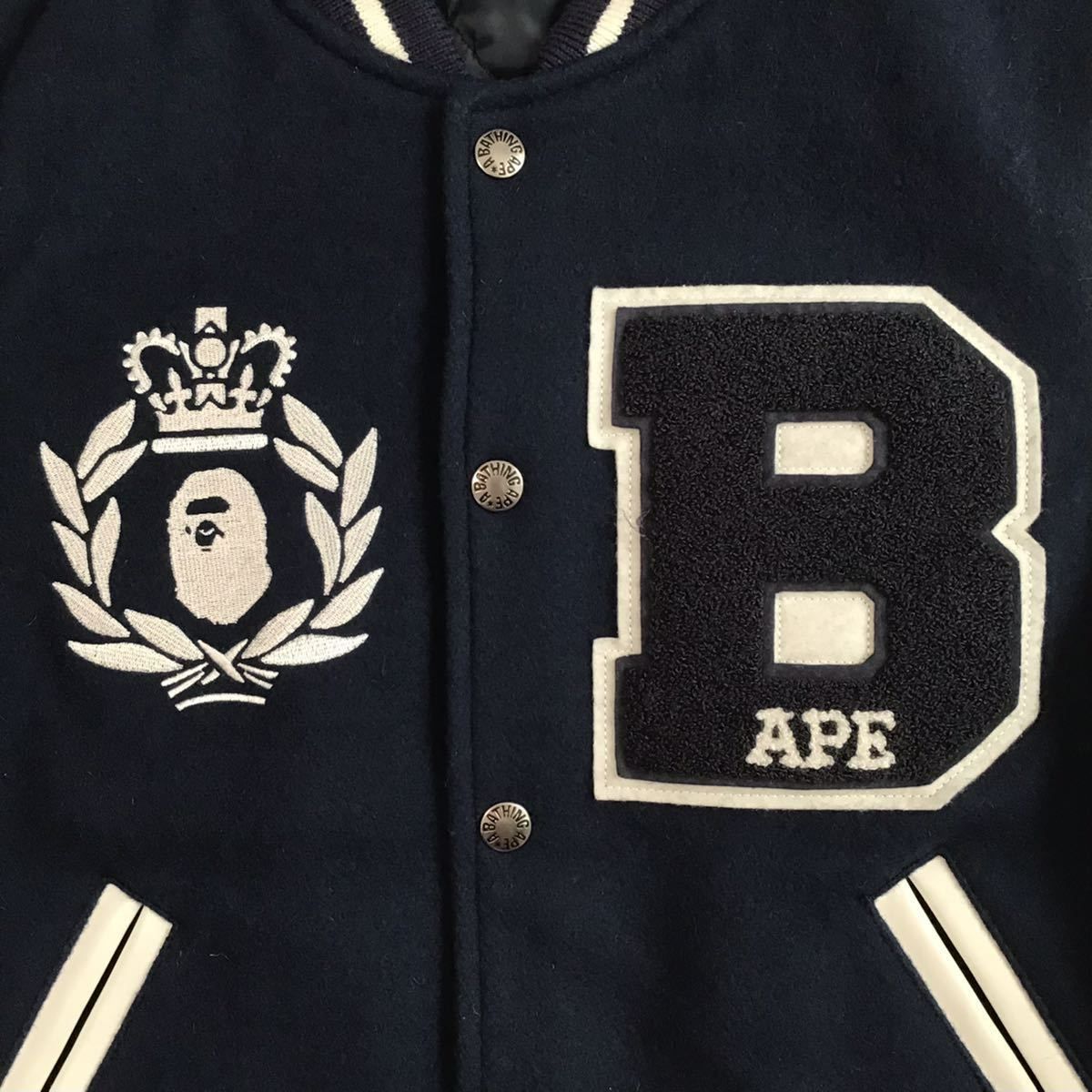 袖レザー BAPE LOGO スタジャン ネイビー Sサイズ a bathing ape leather varsity jacket エイプ ベイプ  アベイシングエイプ - メルカリ