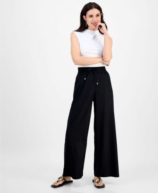 【送料無料】 アイ.エヌ.シー インターナショナル コンセプト レディース カジュアルパンツ ボトムス Petite Linen-Blend High-Rise Wide-Leg Pants Deep Black