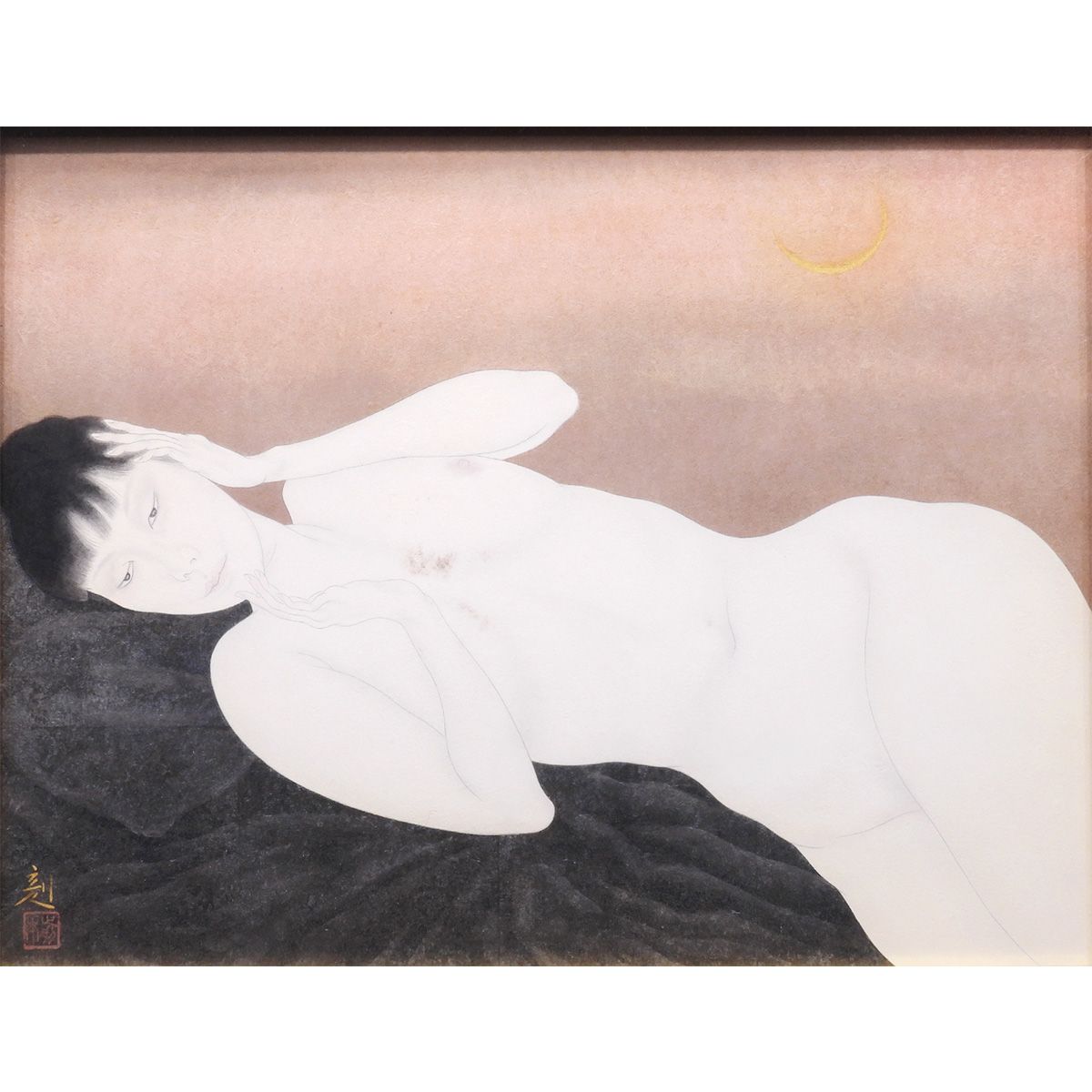 前本利彦 夕の月 紙本彩色10号 人物画 共シール 師 加山又造 女性像 裸婦 美人画 原画 日本画 アート 絵画 げ交渉