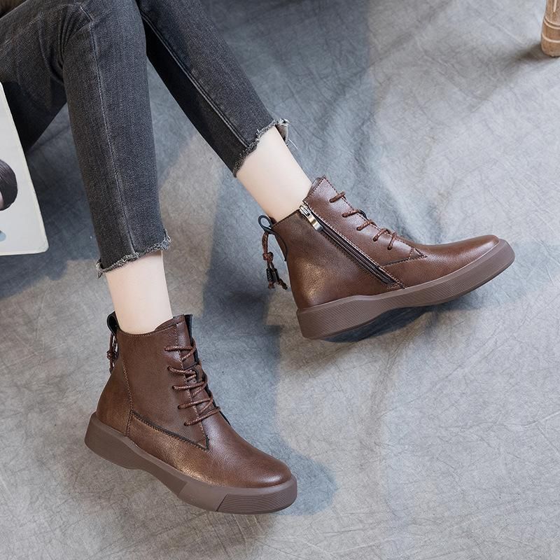 レディース レースアップブーツ 本革 厚底 サイドジップ ローヒール
