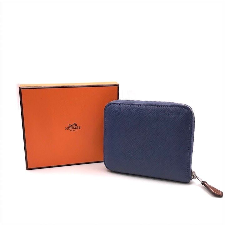 HERMES エルメス アザップ シルクイン コンパクト レザー ラウンドファスナー ファッション 小物 財布 ウォレット ブルー系 h696