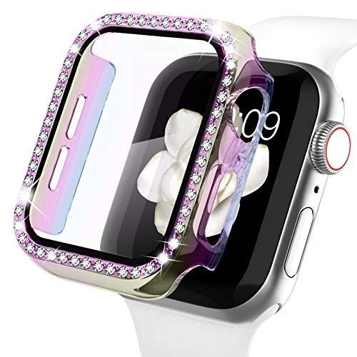 42mm_透明玉虫色 キラキラカバーWASPO コンパチブル iWatchケース 42mm 保護フィルム付き クリスタルダイヤ付き アップルウォッチカバー 女性 全面保護ケース42mm Series 321，玉虫色