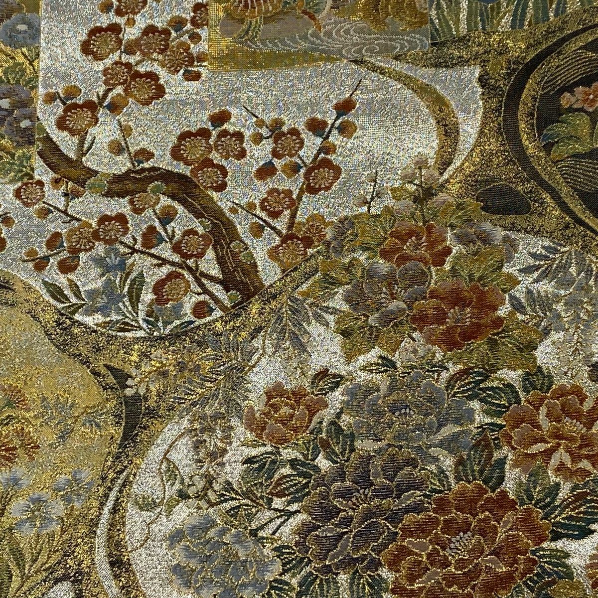 丸帯 琳派流水名勝図 草花 鳥 金糸 箔 銀色 全通 正絹