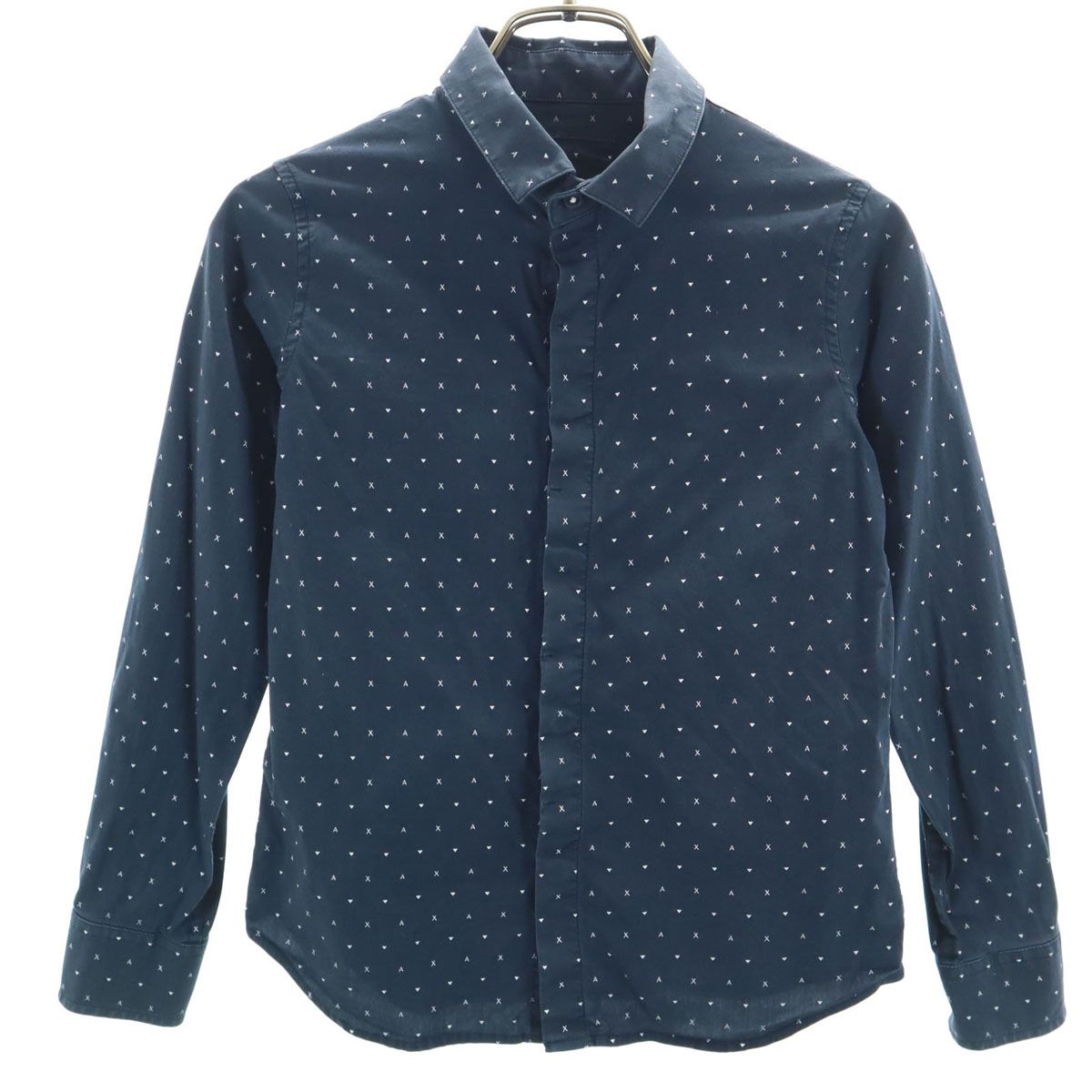 新品，SALE ARMANI EXCHANGE アルマーニエクスチェンジ 総ロゴ 長袖 シャツ 10A ネイビー 比翼 キッズ 古着 長袖シャツ・ブラウス