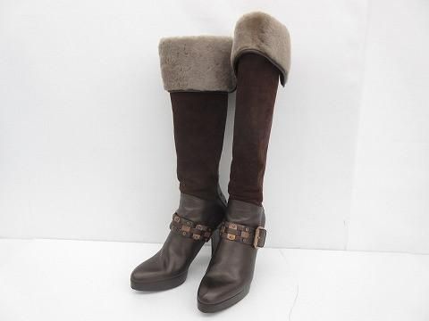 セリーヌ CELINE スエード レザー ベルト 折り返し ロングブーツ 2WAY 36 1|2 ブラウン レディース