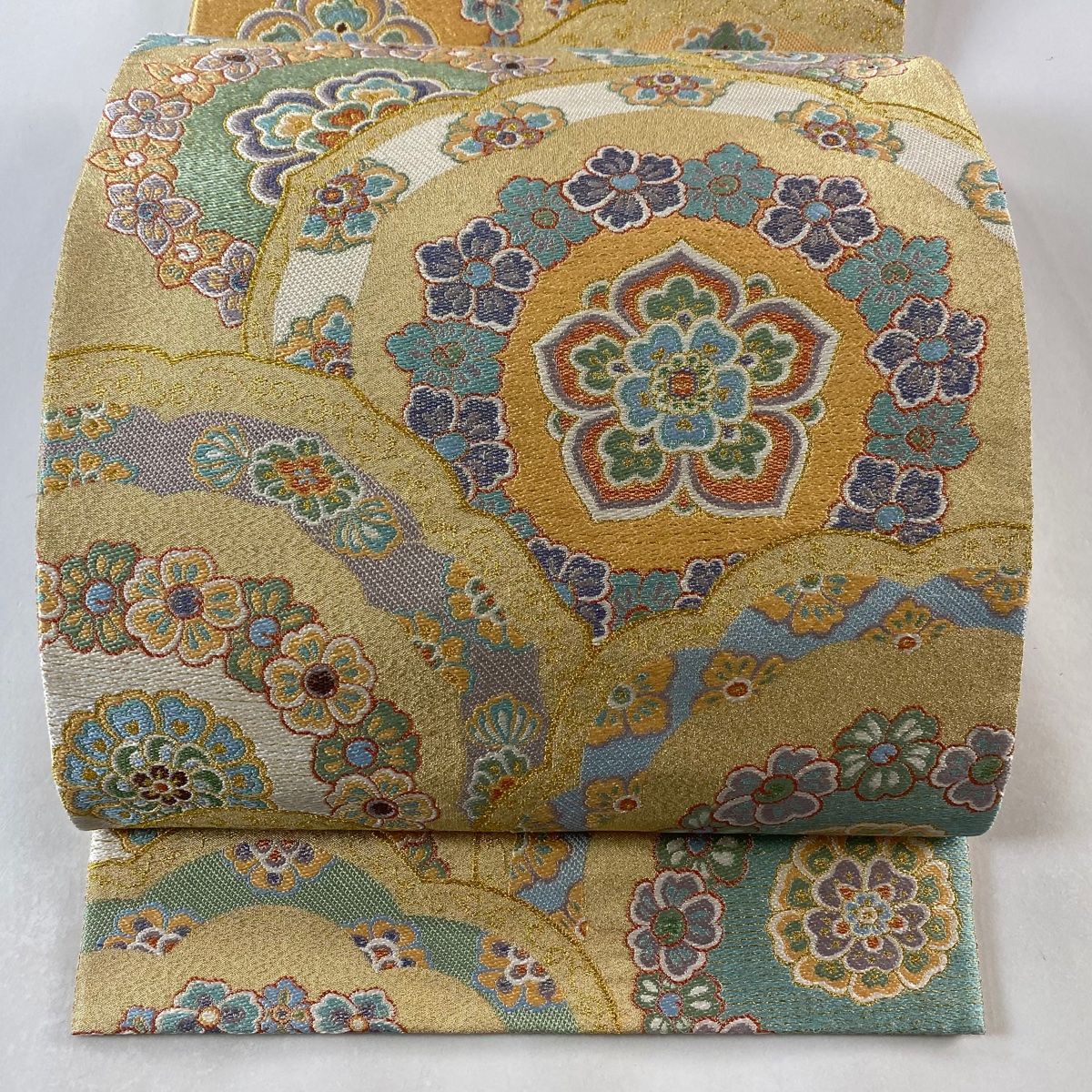 袋帯 正絹 金糸織り込み 大名行列 六通 T-6499 袋帯 美品 秀品 華文 鏡裏文 金糸 金色 六通 正絹 【中古