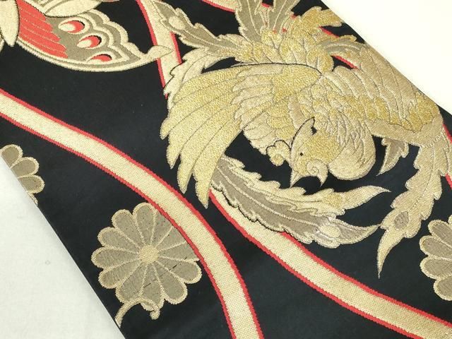 平和屋着物◎六通柄 京袋帯 立涌舞蝶花鳥文 黒地 金糸 正絹 逸品