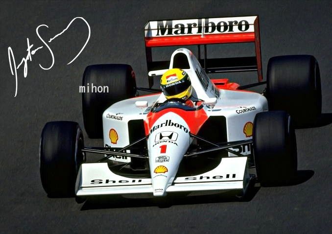 F1レーサーアイルトンセナの91年直筆サイン色紙